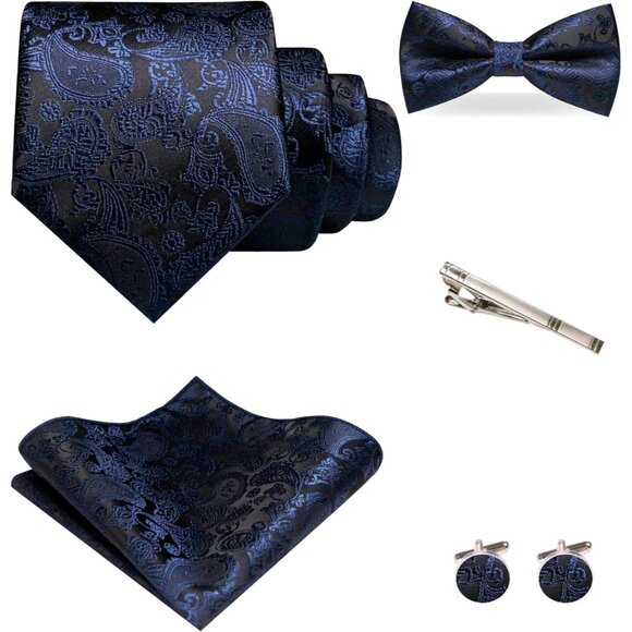 Men's Tie and Pre-tied Paisley Bow Tie with Pocket Square Cufflinks Clip Set